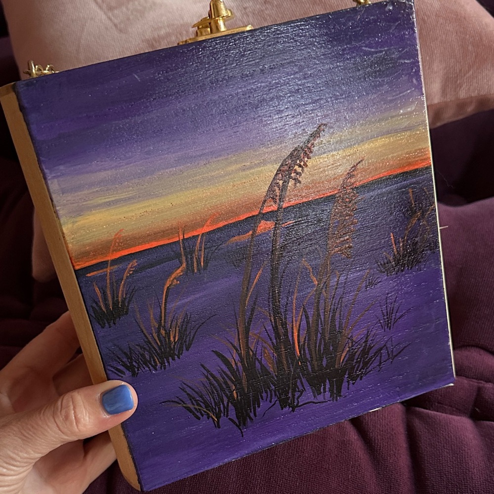 Elegant Purple and Gold Landscape Painting wood box purse hand painted - Picture 9 of 10
